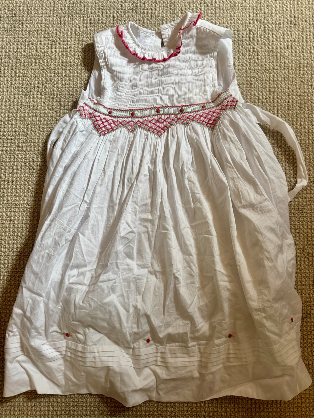 White Smocked Sleeveless Dress with Pink Accents